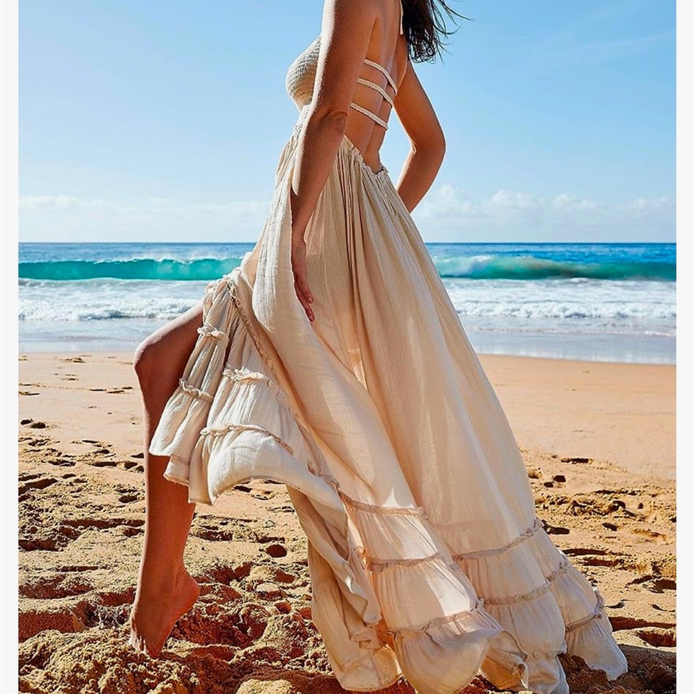Boho backless maxi dress in beige